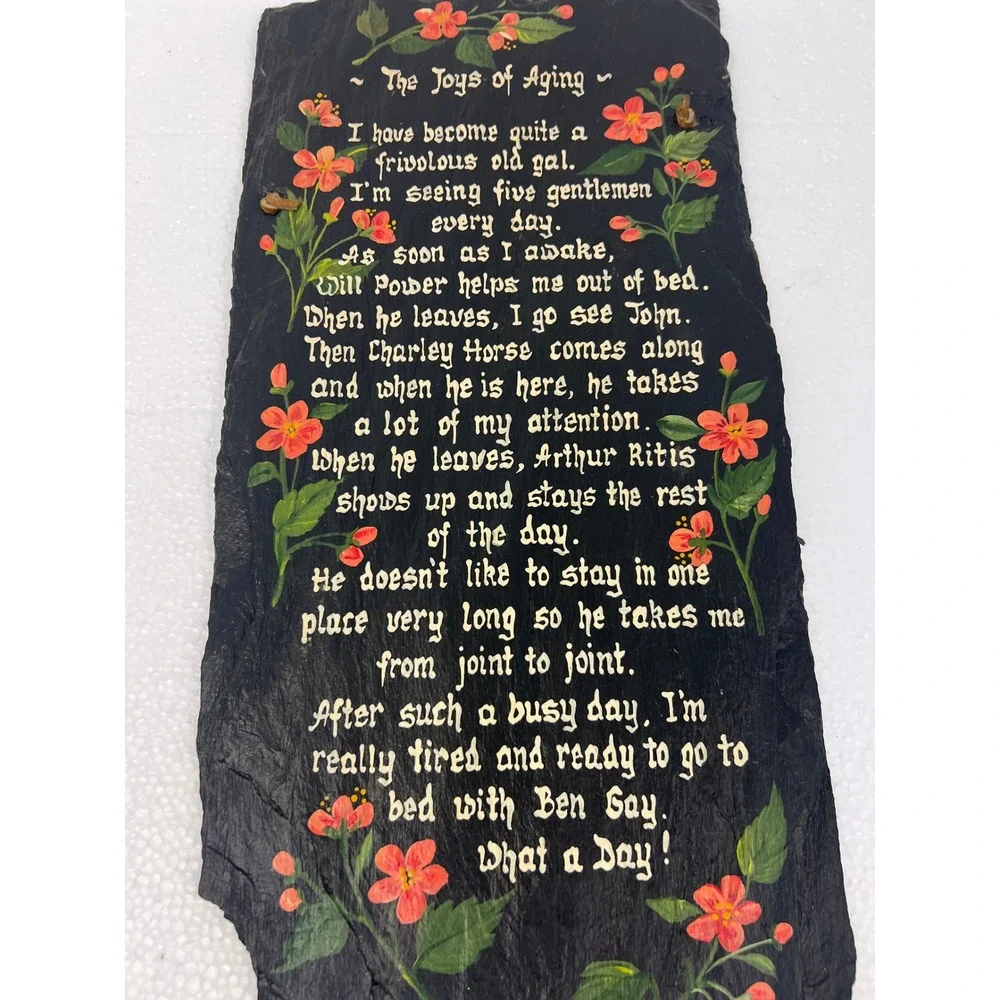 Vintage Hand Painted Slate Wall Hanging Joys of Aging Signed Farmhouse Decor